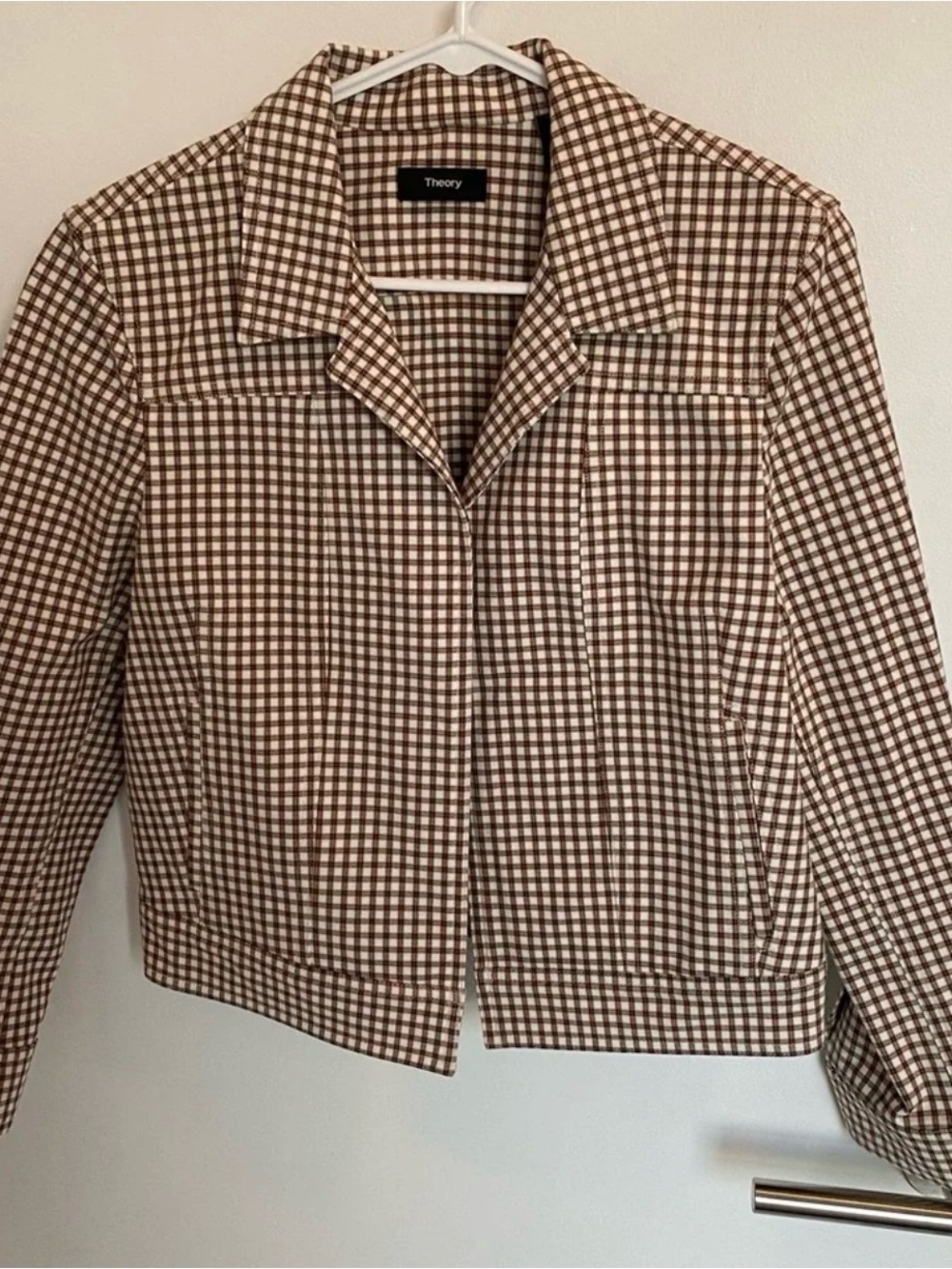 Theory Brown & White Gingham Cropped Blazer